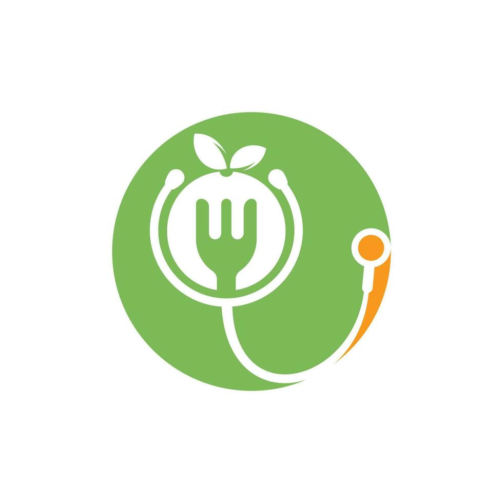 Medical food vector logo design template. Stethoscope and healthy food diet logo concept.