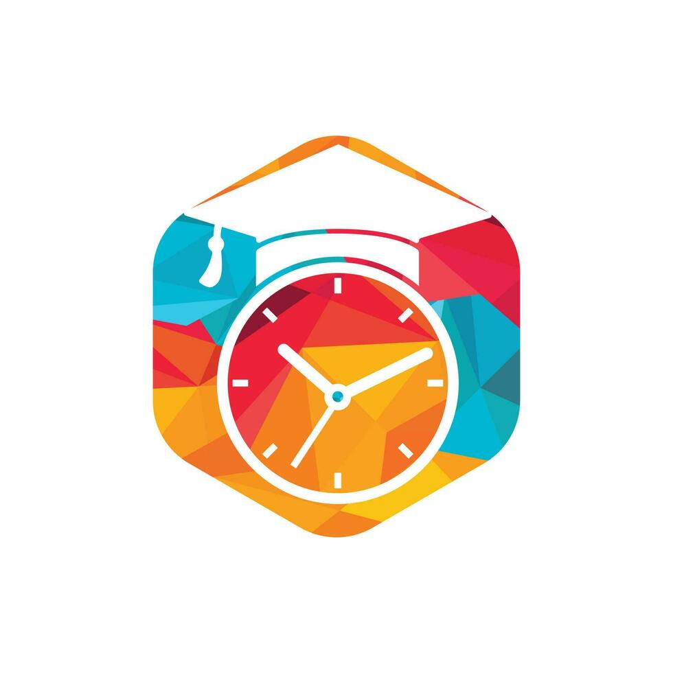diseño del logotipo del vector de tiempo de estudio. sombrero de graduación con diseño de icono de reloj.