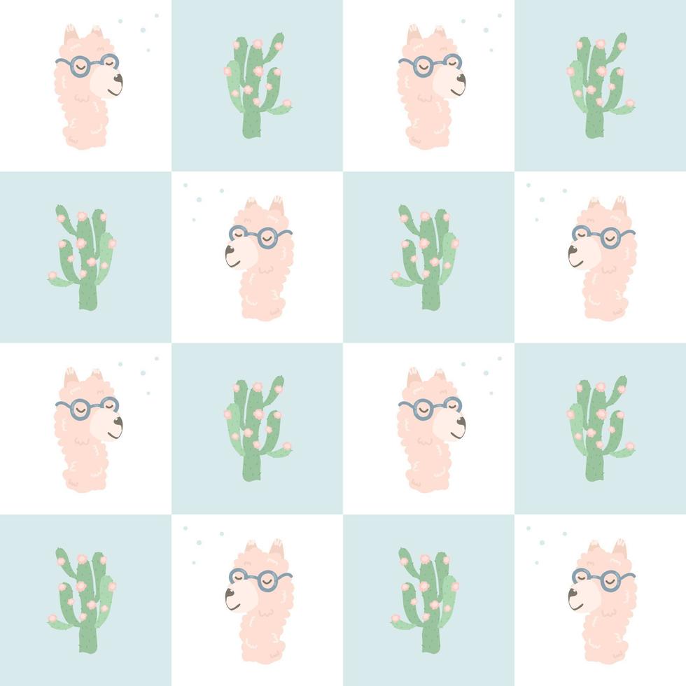 divertido patrón de dibujos animados para niños con alpacas. patrón de llama para textiles, papel pintado, papel de envolver, ropa para niños. vector