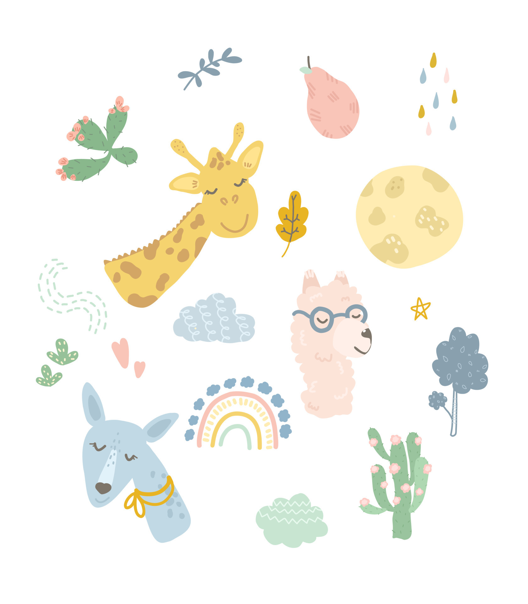 Cute cartoon animals in pastel colors. Children's illustration for