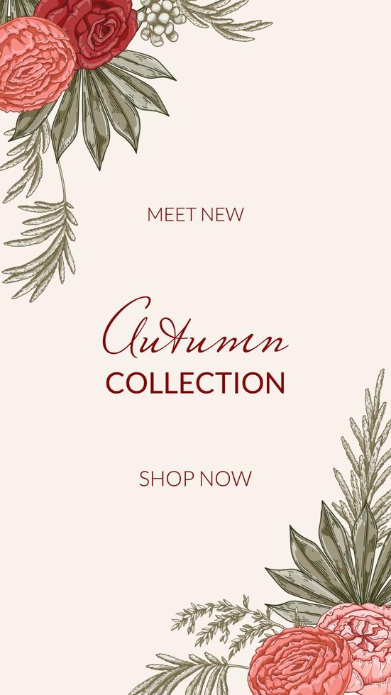Social media stories template. Autumn design with hand drawn modern flower compositions. Vector illustration