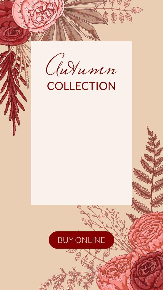 Social media stories template. Autumn design with hand drawn modern flower compositions. Vector illustration