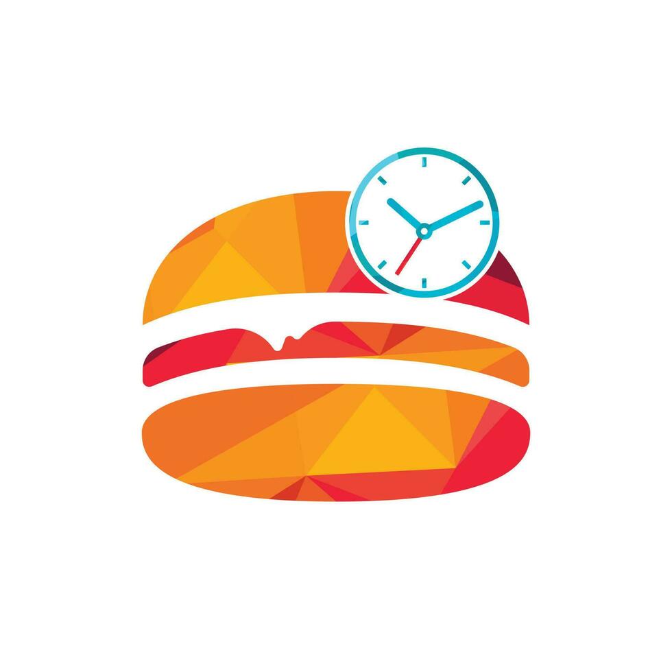Burger time vector logo design template. Big burger with clock icon logo design.