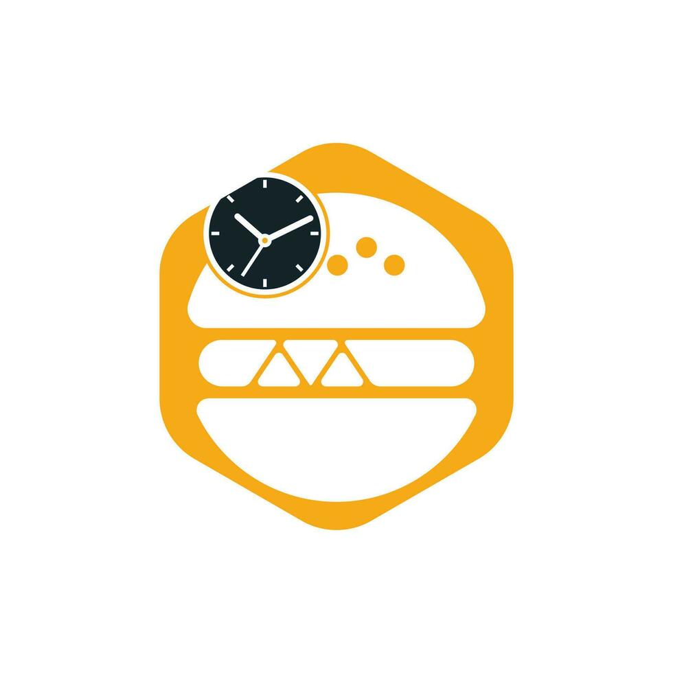 Burger time vector logo design template. Big burger with clock icon logo design.
