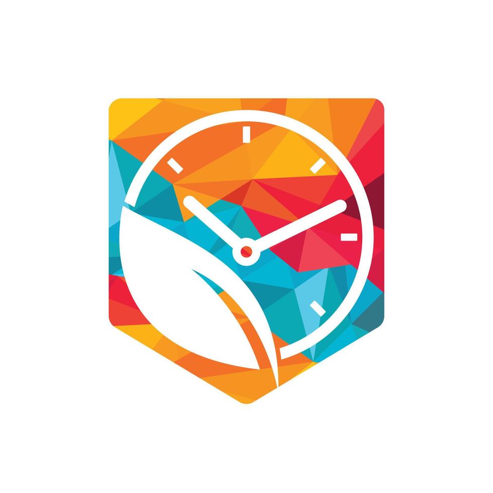 Nature time vector logo design. Vector clock and leaf logo combination.