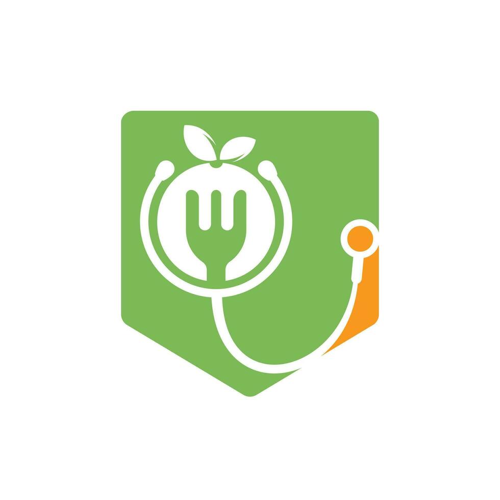 Medical food vector logo design template. Stethoscope and healthy food diet logo concept.