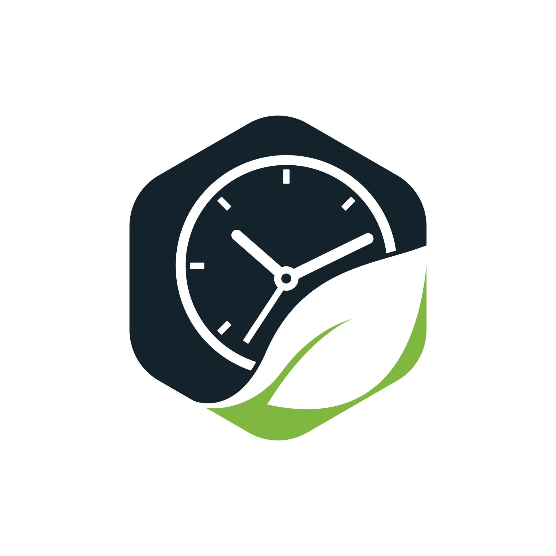 Nature time vector logo design. Vector clock and leaf logo combination