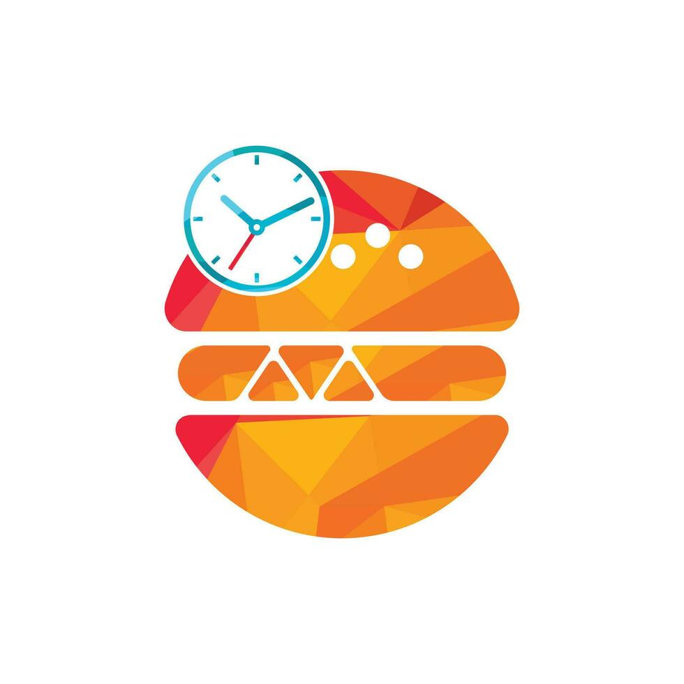 Burger time vector logo design template. Big burger with clock icon logo design.