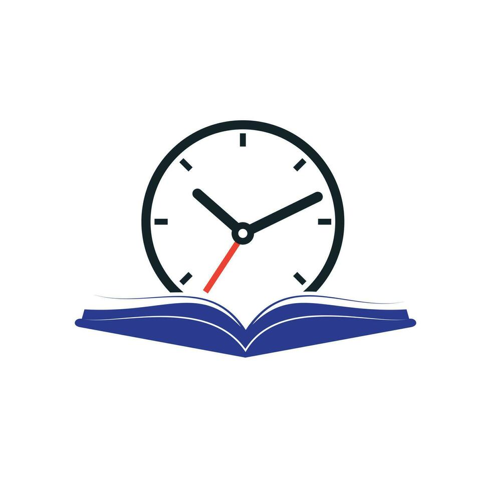 diseño del logotipo del vector de tiempo de estudio. libro con diseño de icono de reloj.