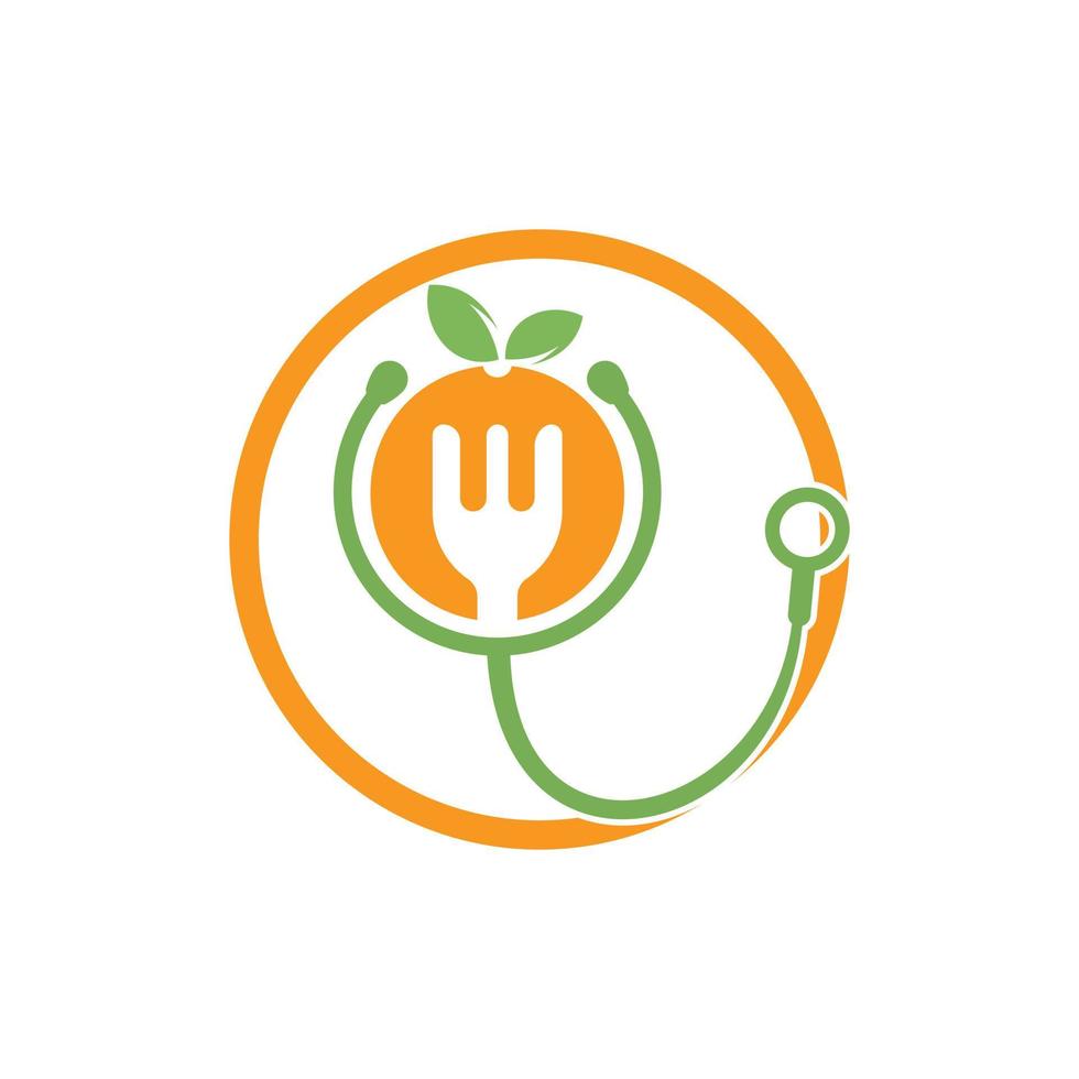 Medical food vector logo design template. Stethoscope and healthy food diet logo concept.