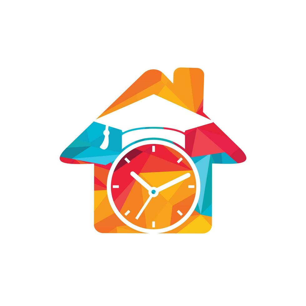 diseño del logotipo del vector de tiempo de estudio. sombrero de graduación con diseño de icono de reloj.