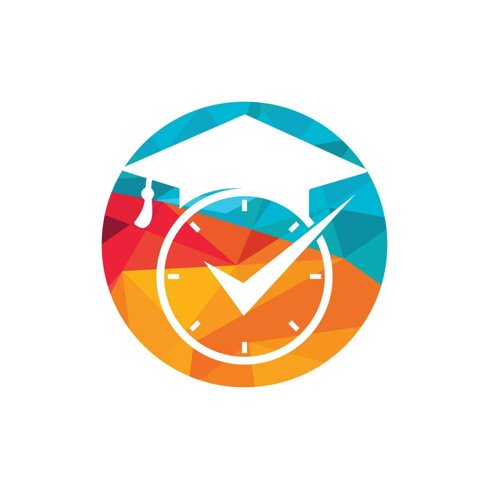diseño del logotipo del vector de tiempo de estudio. sombrero de graduación con diseño de icono de reloj y cheque.