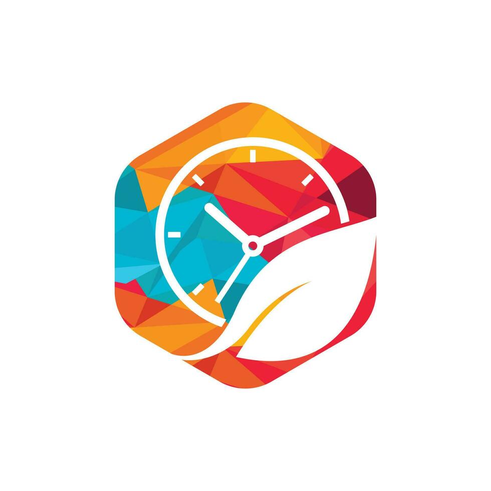 Nature time vector logo design. Vector clock and leaf logo combination.