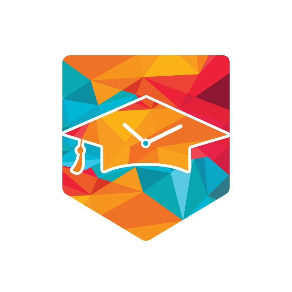 diseño del logotipo del vector de tiempo de estudio. sombrero de graduación con diseño de icono de reloj.