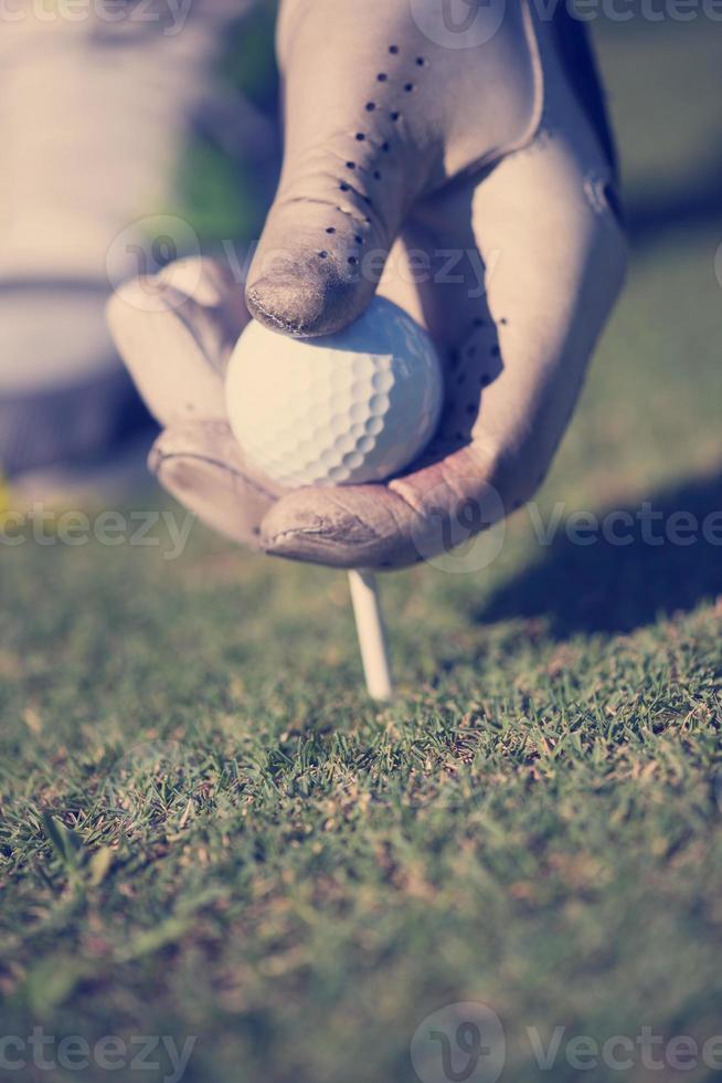 golf player placing ball on tee photo