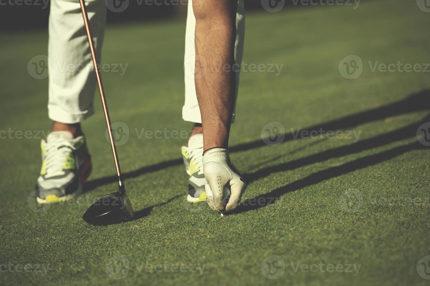 golf player placing ball on tee photo