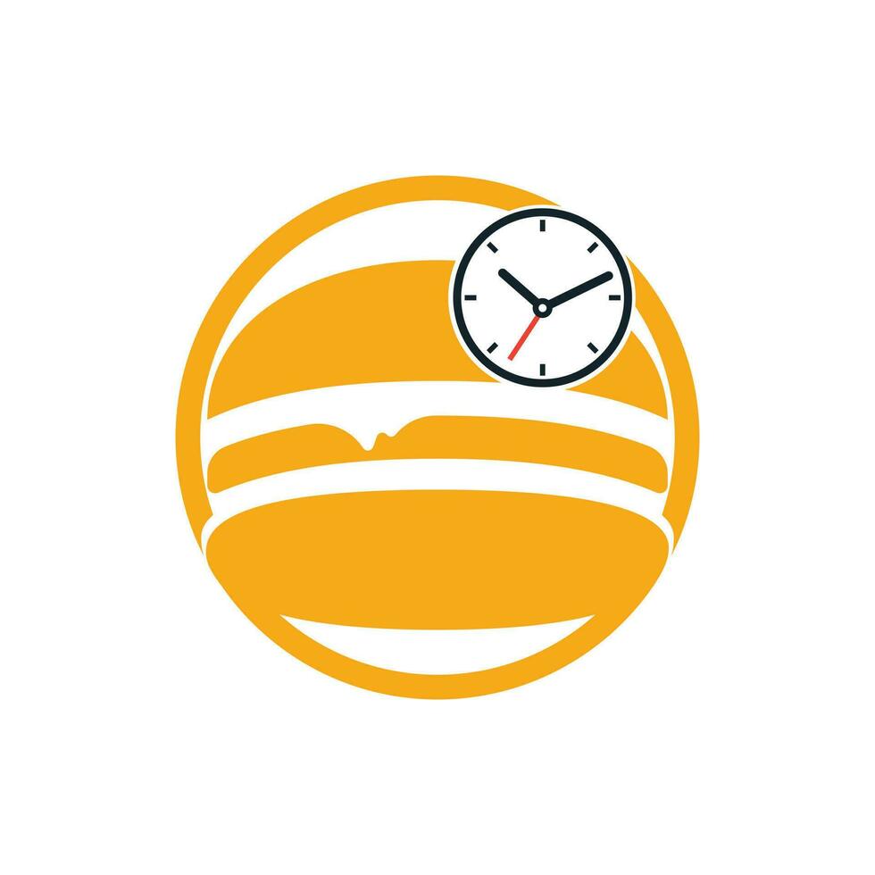 plantilla de diseño de logotipo de vector de tiempo de hamburguesa. hamburguesa grande con diseño de logotipo de icono de reloj.