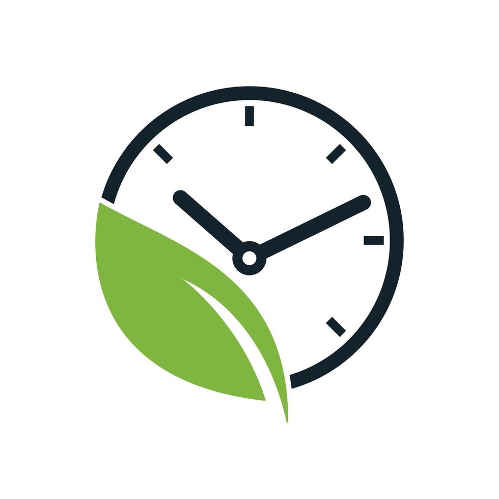 Nature time vector logo design. Vector clock and leaf logo combination.