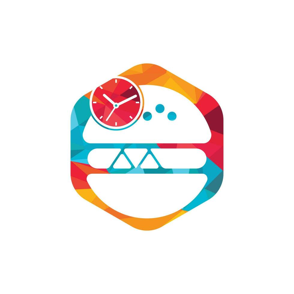 Burger time vector logo design template. Big burger with clock icon logo design.