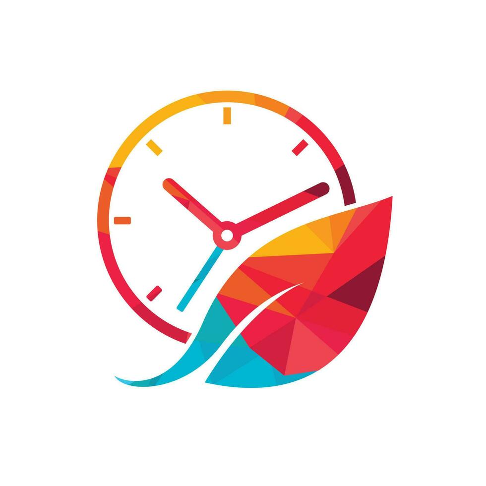 Nature time vector logo design. Vector clock and leaf logo combination.