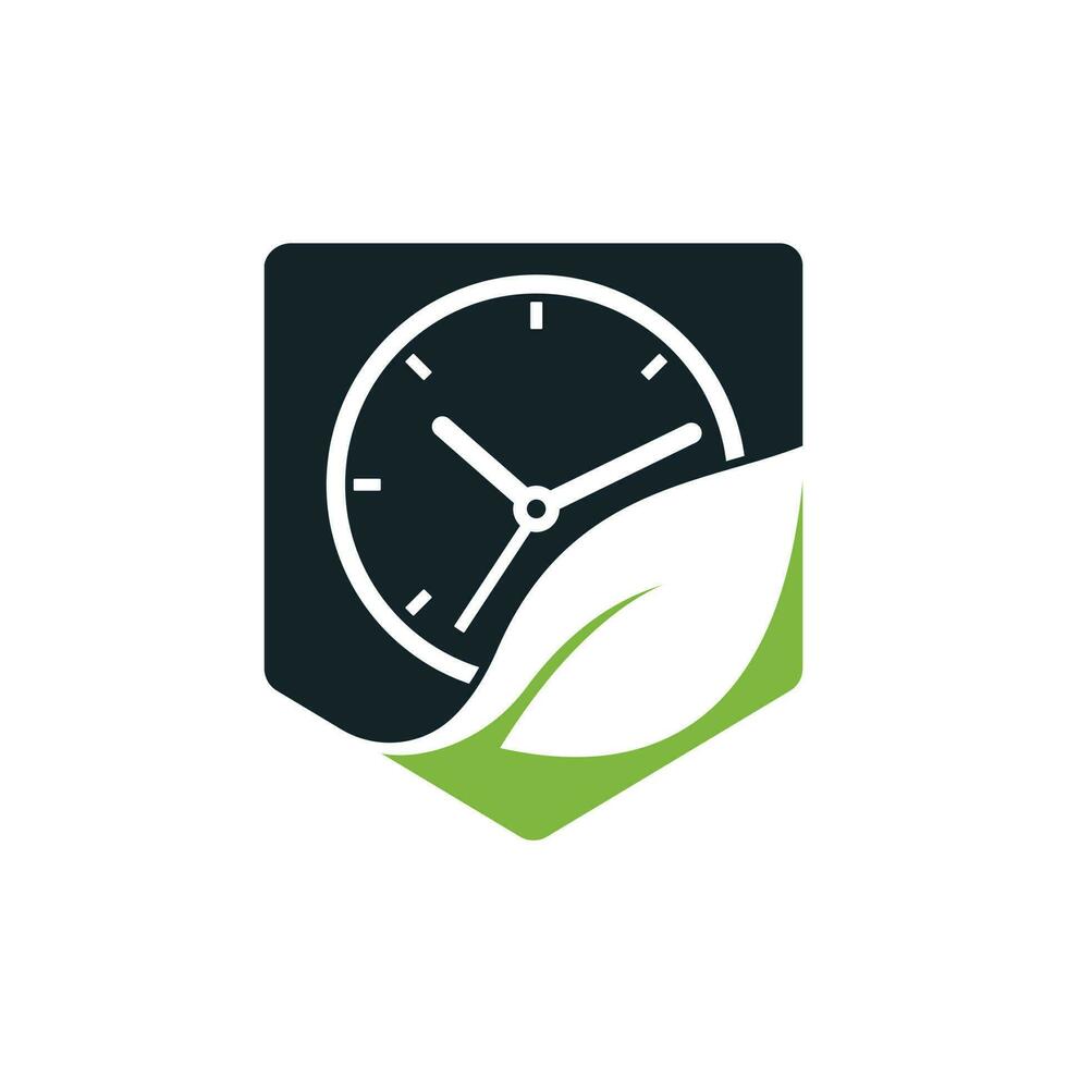 Nature time vector logo design. Vector clock and leaf logo combination.
