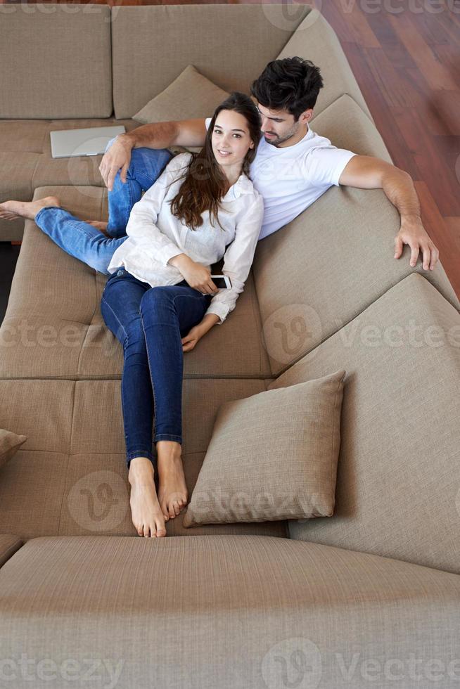 happy young romantic couple have fun arelax  relax at home photo