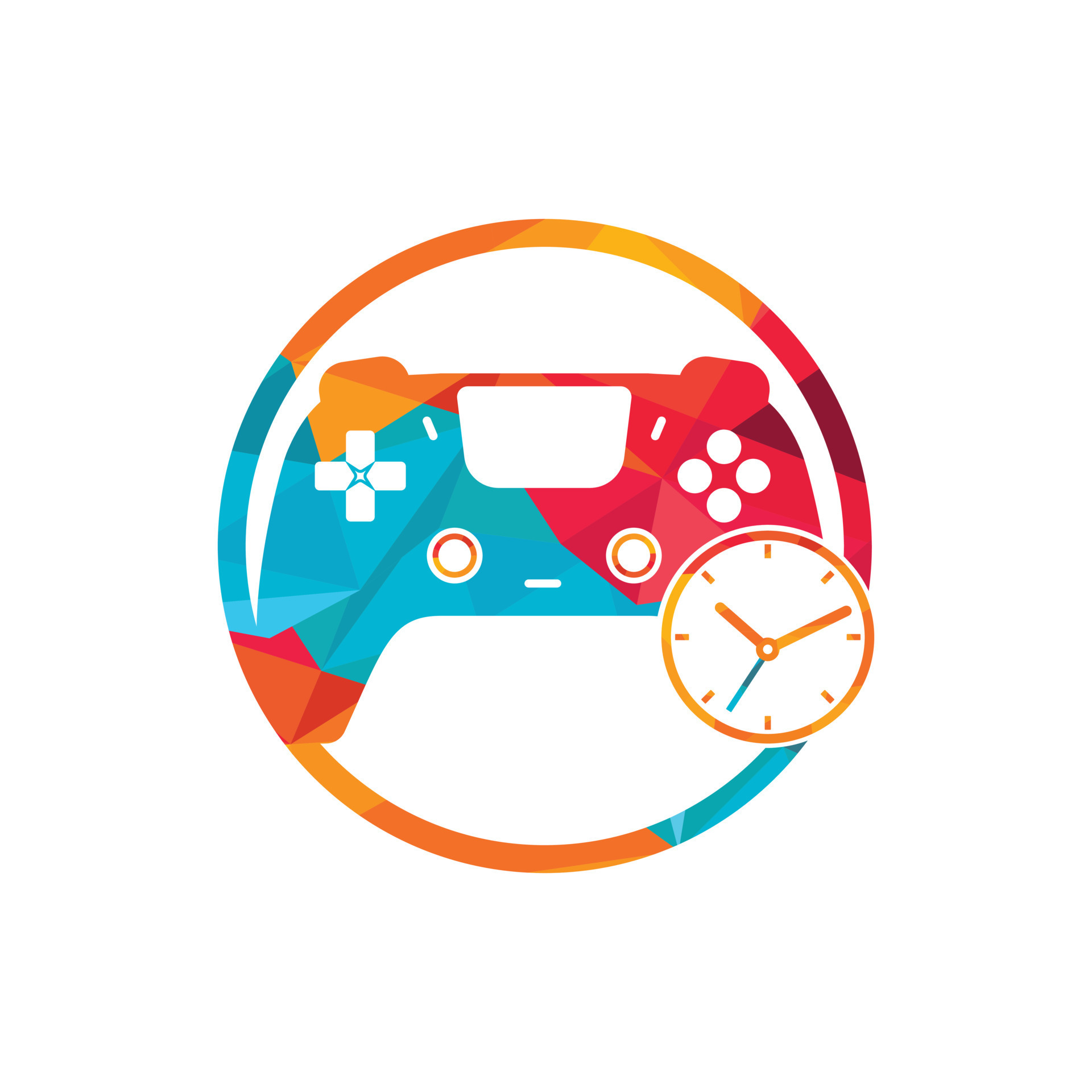Gaming time vector logo design. Game console with clock icon vector