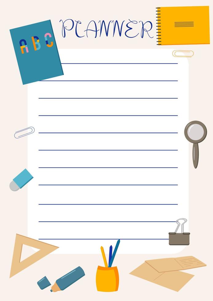 the planner for the student is decorated with stationery notebooks books markers magnifying glass ruler vector