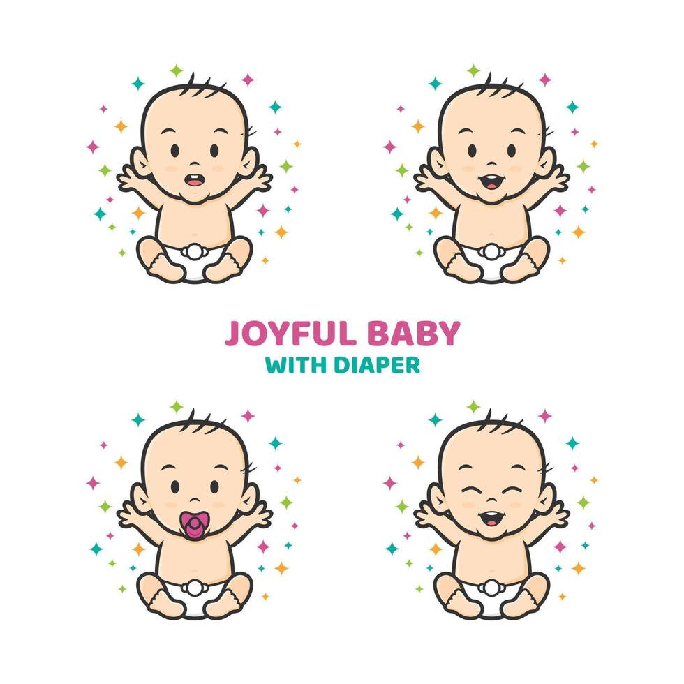 joyful baby diaper with different facial expression vector