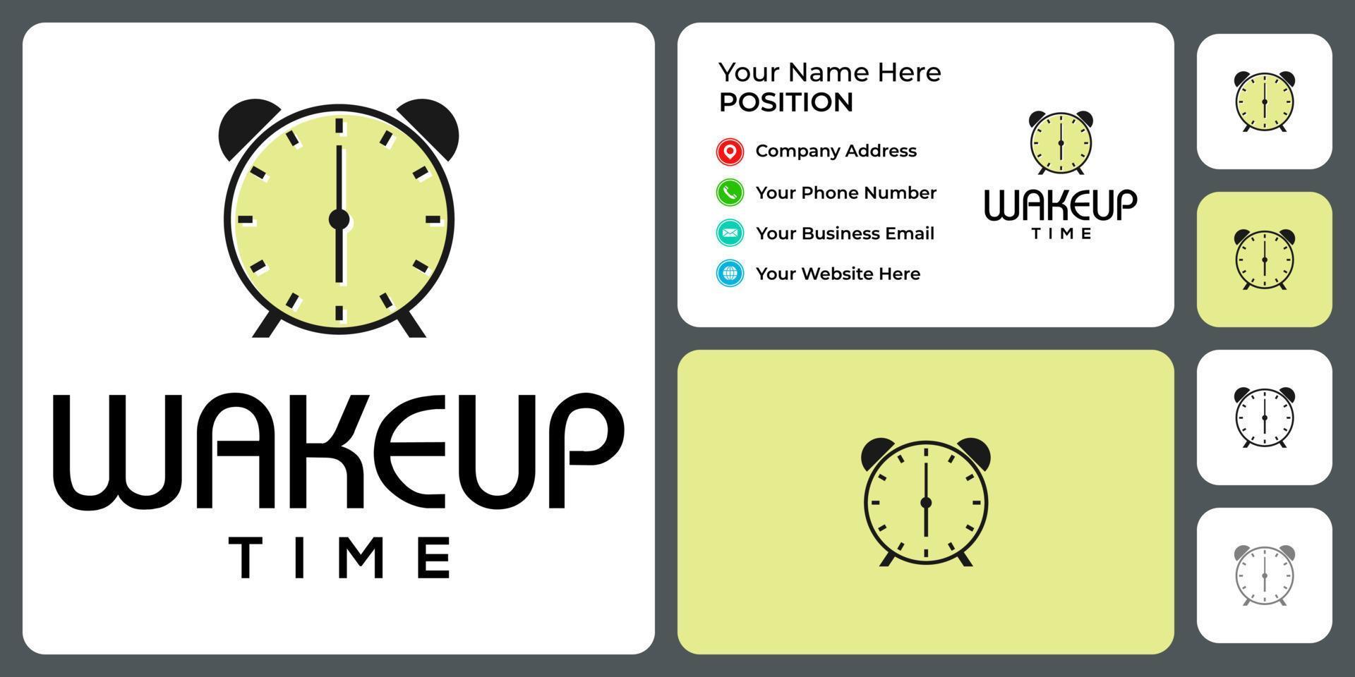 Alarm clock logo design with business card template. vector