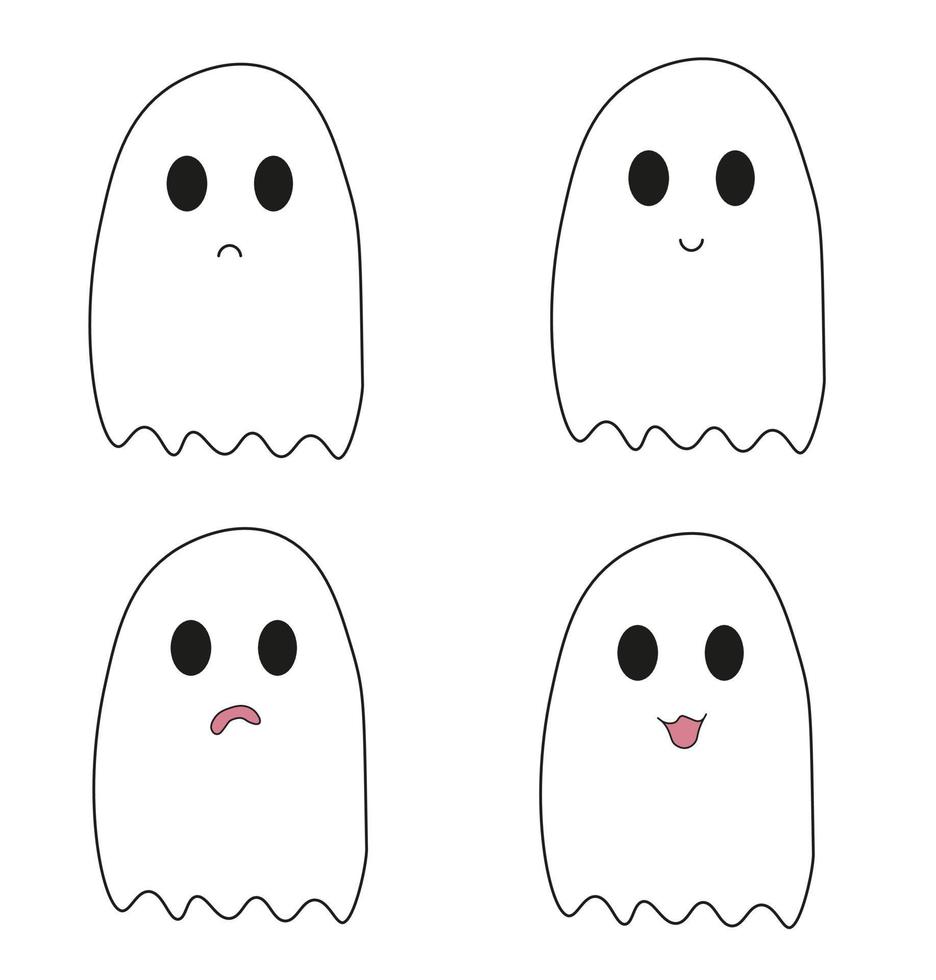 colección de fantasmas con diferentes emociones. fantasmas de halloween garabatear fantasmas divertidos con caras y sonrisas. vector