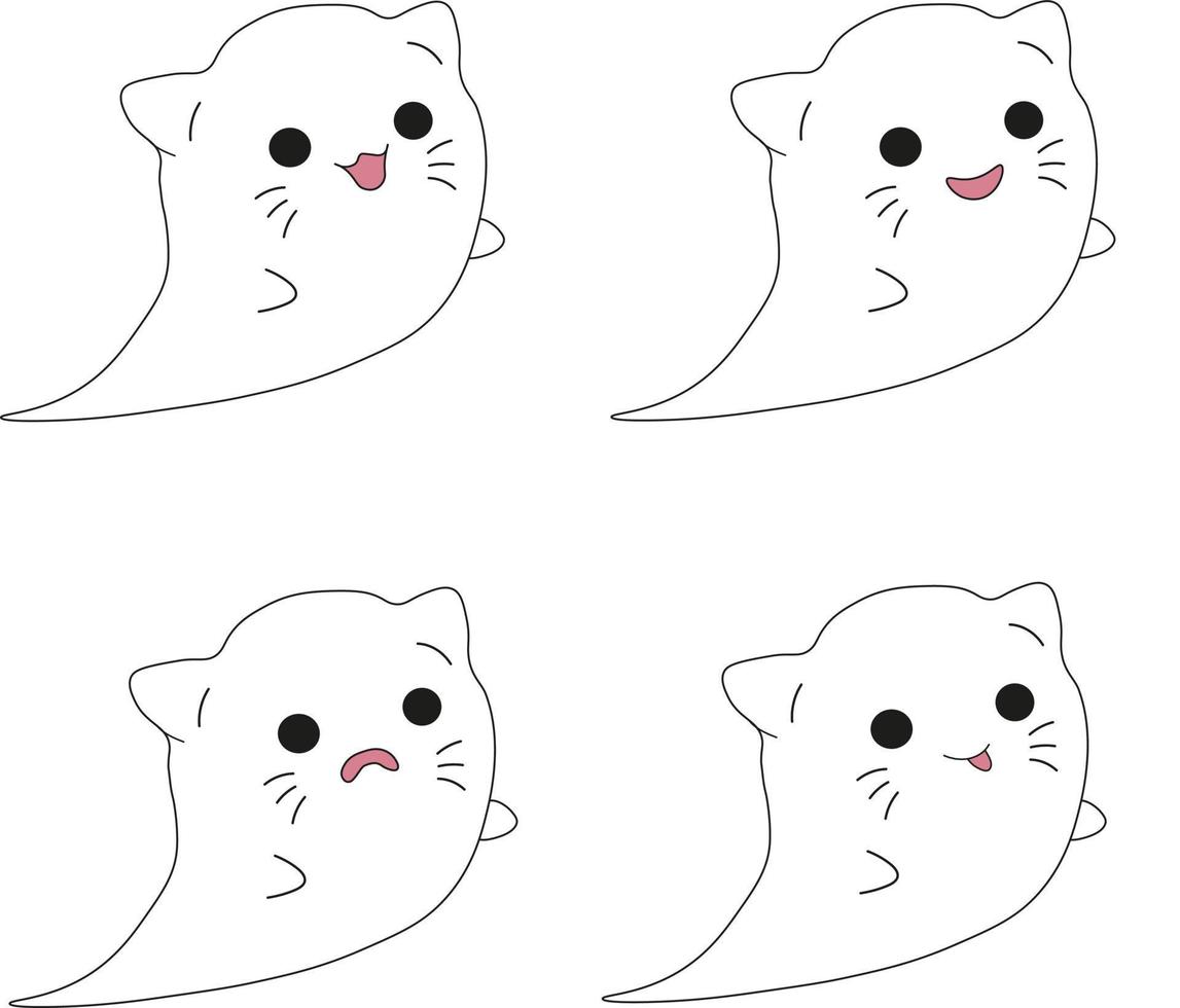 Collection of ghost cats in doodle style with different emotions. Halloween illustration vector