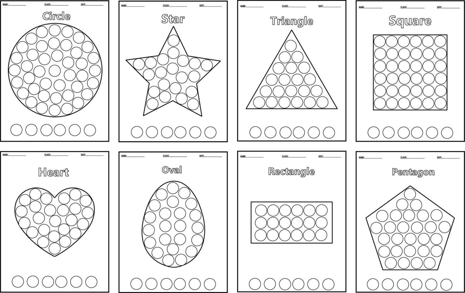 Color the shapes. Kids education. Preschool worksheet. Dot Markers Coloring Pages. vector