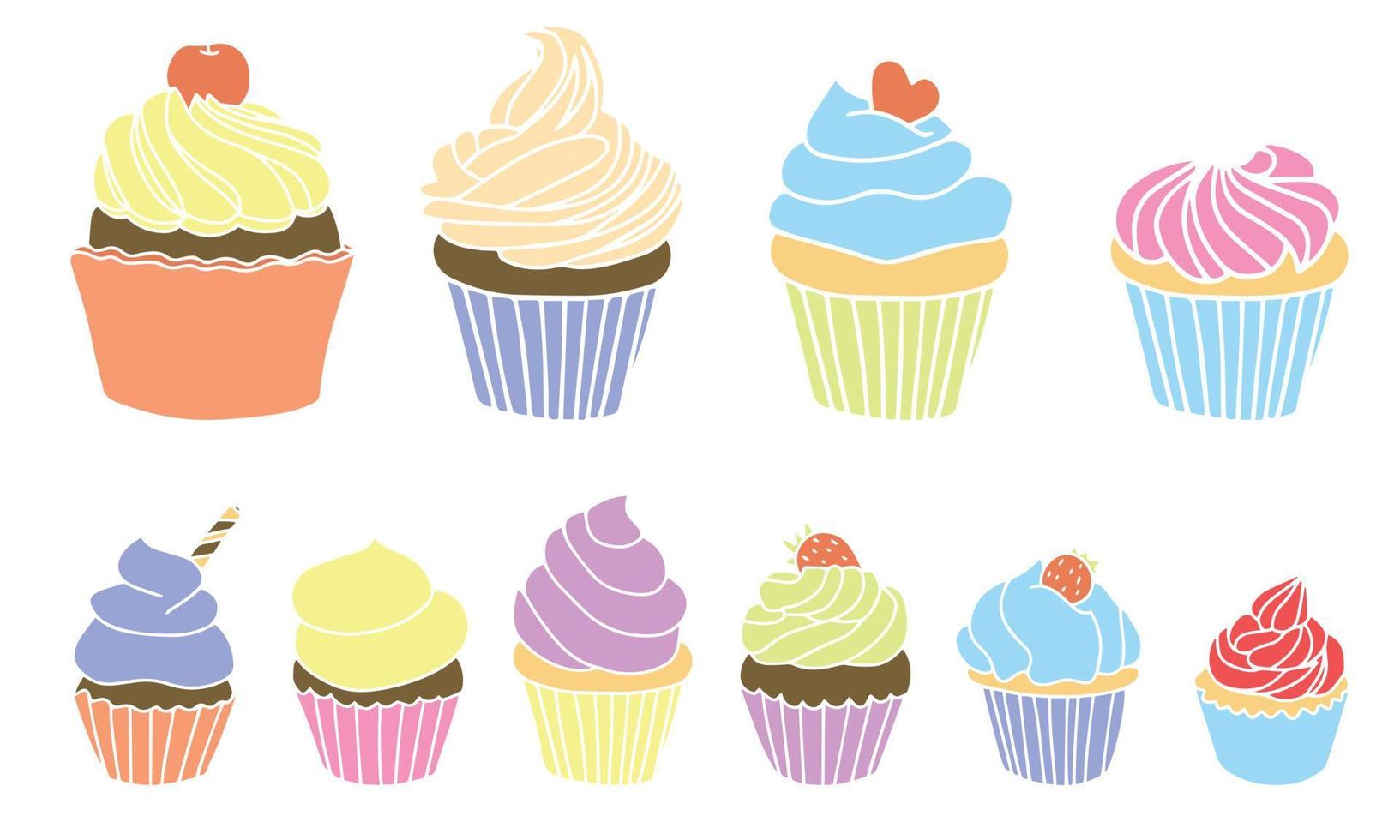 un conjunto de cupcakes diferentes - con crema de pistacho, menta, chocolate, vainilla, cereza, limón o lima. ilustración de dibujos animados lindo vector. panadería, postre, productos dulces, cocina. vector