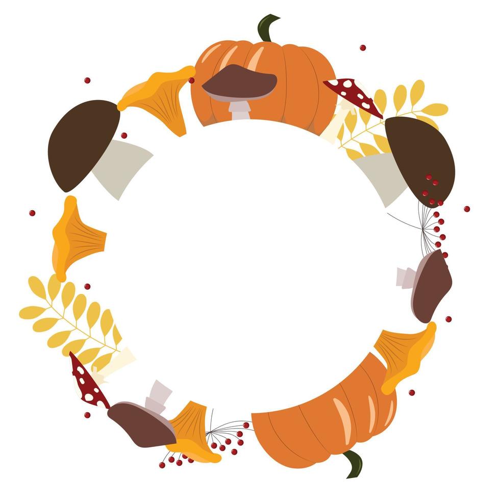 Frame for text with autumn background. Copy space for text with fall element.  Post for web or card for print. Mushrooms, pumpkin, leaves, berry. vector