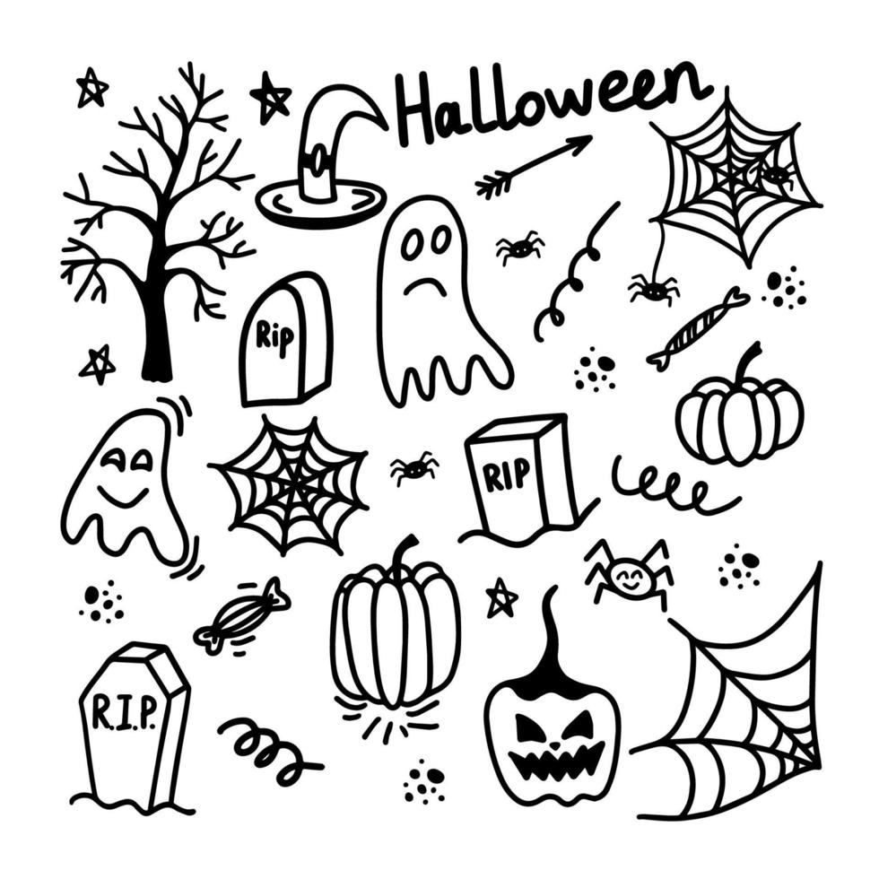 Vector set of halloween clipart isolated on white background. Funny, cute illustration for seasonal design, textile, decoration kids playroom or greeting card. Hand drawn prints and doodle.