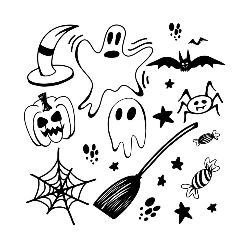 conjunto de halloween de imágenes prediseñadas de garabatos. ilustración graciosa y linda para diseño de temporada, textil, decoración de sala de juegos para niños o tarjeta de felicitación. impresiones dibujadas a mano y garabatos. vector