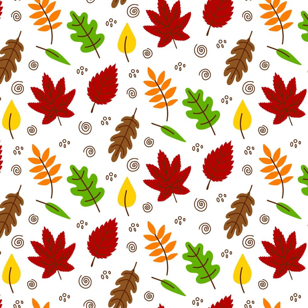Vector hand drawn Autumn leaves seamless pattern on white background. Decorative doodle leaves. Cartoon scribble leaf icon for wedding design, wrapping, textiles, clothing, ornate and greeting cards