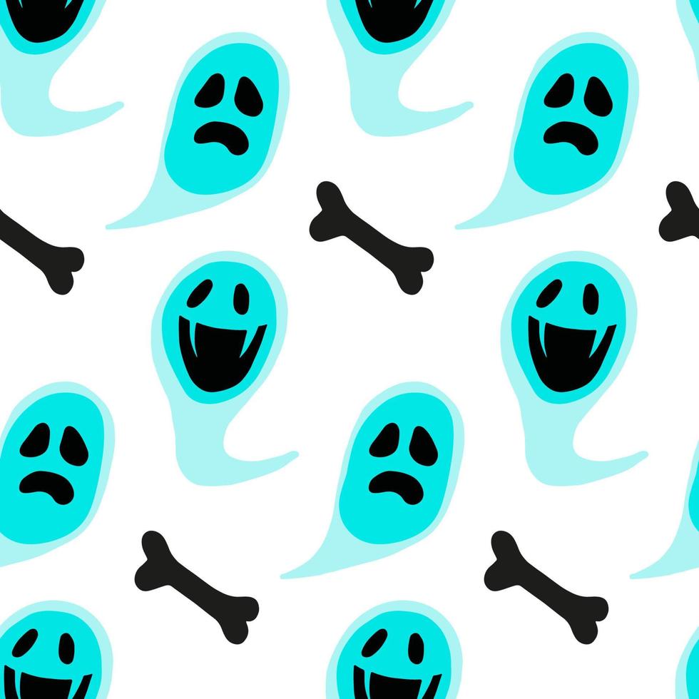 Vector ghost and bones seamless pattern. Halloween scarf isolated on white background. Cartoon illustration for seasonal design, textile, decoration or greeting card. Hand drawn prints and doodle.