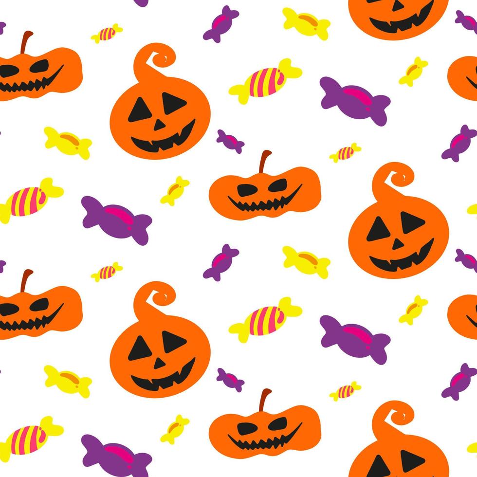 Halloween doodle festive seamless pattern. Vector hand drawn endless background with pumpkins, skulls, bats, spiders, ghosts, bones, candies, spider web and speech bubble with boo. Trick or treat.