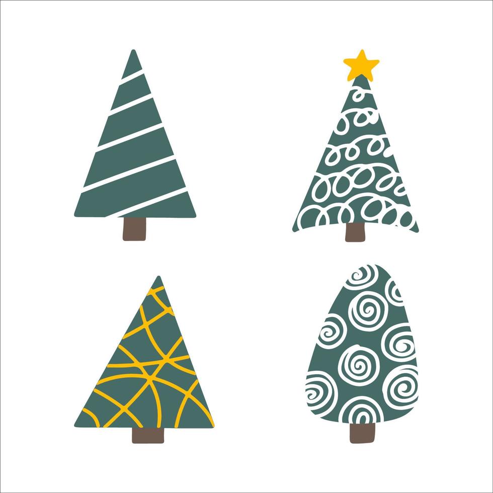 Vector set of doodle christmas trees. Hand drawing winter background with fir tree, Christmas ornaments, stars and snowflakes. Happy new year holiday poster with Christmas symbols. Isolated on white.
