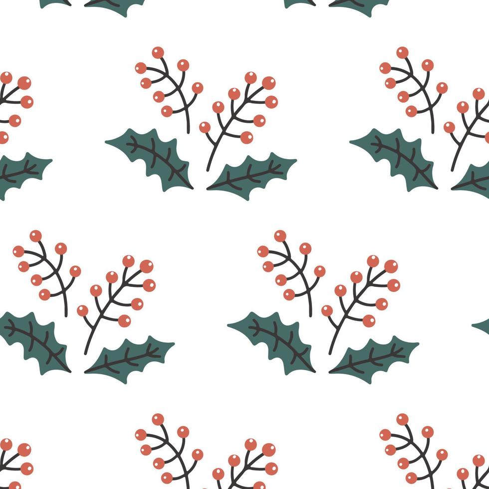 Christmas seamless pattern with rowan berry. Doodle vector background for wedding, invitations, textile, wrapping paper, greeting cards. Hand drawn holly leaves and berries. Scribble New Year decor