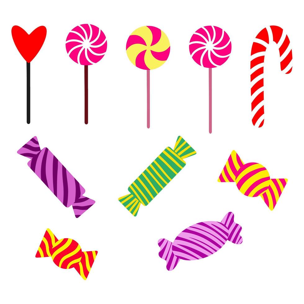 juego de piruletas y caramelos dulces dibujados a mano. lindos dulces de garabato en el palo. sabrosos dulces para el día de san valentín, navidad, año nuevo, pascua, halloween y feliz cumpleaños. postre, azúcar. goloso vector