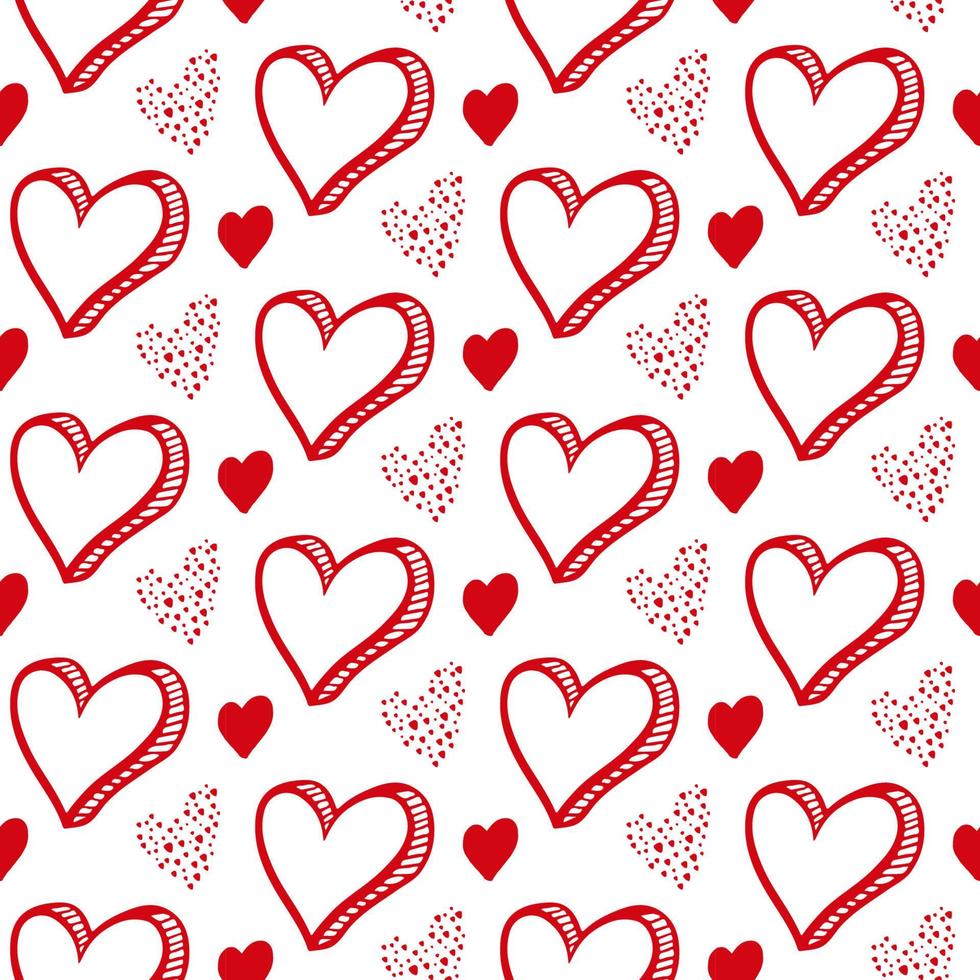 Cute hand drawn Valentine's hearts seamless pattern. Decorative doodle love heart shape in sketch style. Scribble ink hearts icon for wedding design, wrapping, ornate and greeting cards. Romantic vector