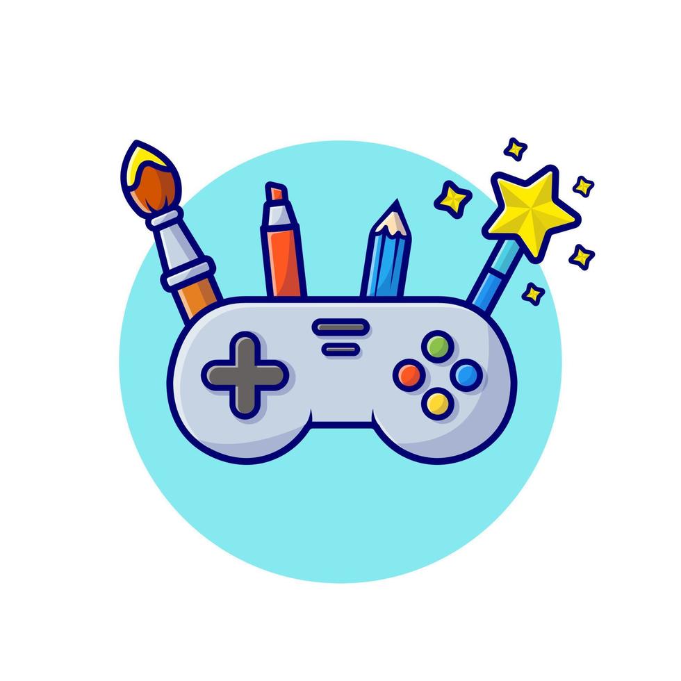 joystick, pincel, lápiz y herramienta mágica ilustración de icono de vector de dibujos animados. educación tecnología icono concepto aislado premium vector. estilo de dibujos animados plana