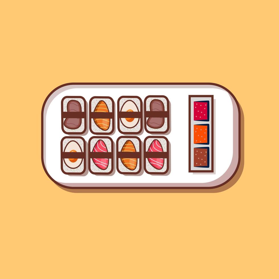 conjunto de sushi y salsa en ilustración y vector de plato blanco