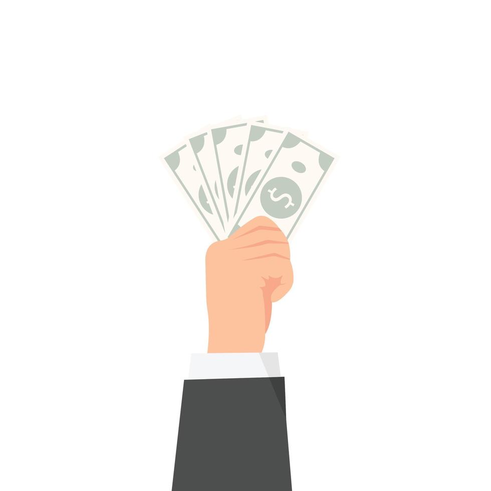 A man's businessman's hand holds paper money in his hand. Flat style illustration. Vector