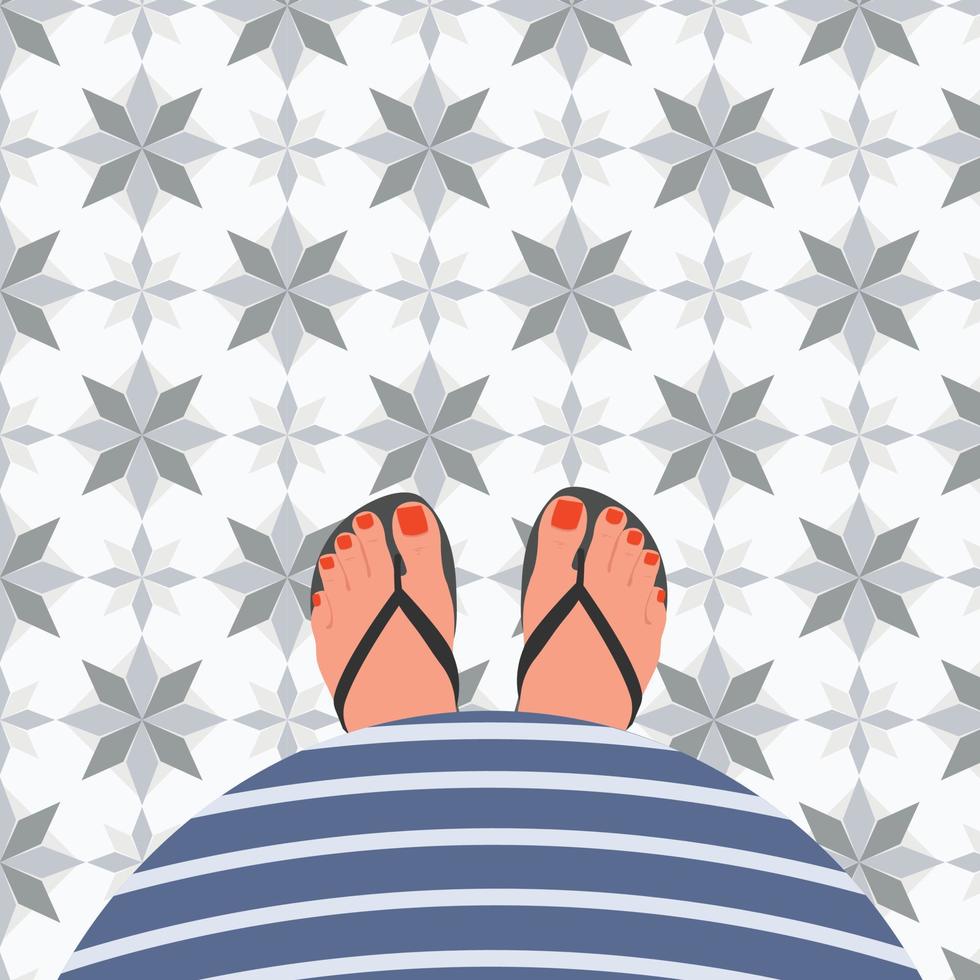 Illustration of a happy pregnant girl with a tummy. First-person view of the tummy and legs from above. Vector