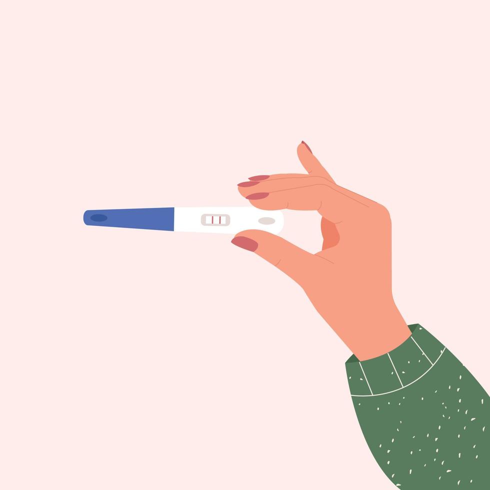 ilustración de la mano de una mujer sosteniendo una prueba de embarazo positiva. vector