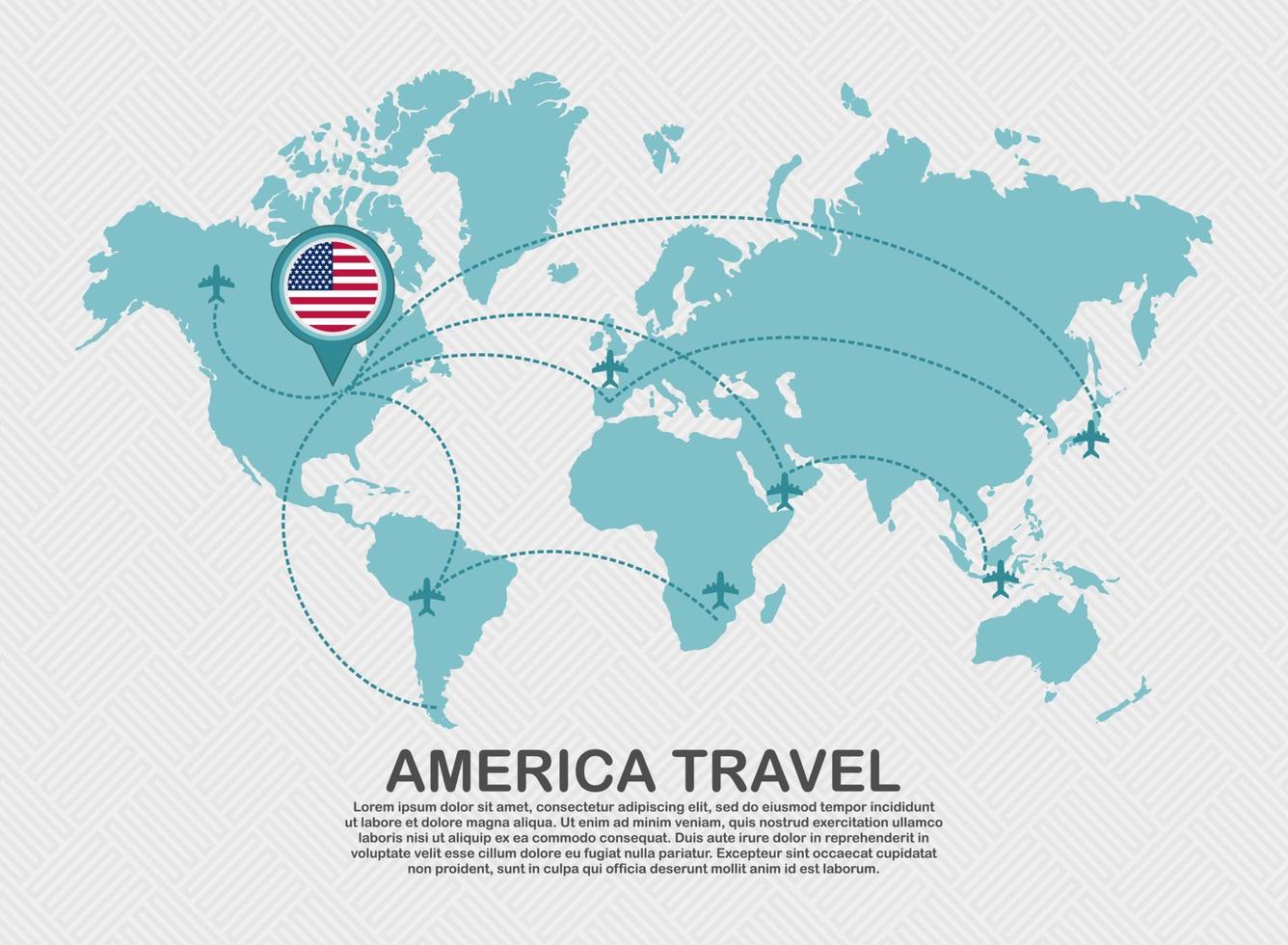 Travel to America poster with world map and flying plane route business background tourism destination concept.eps vector